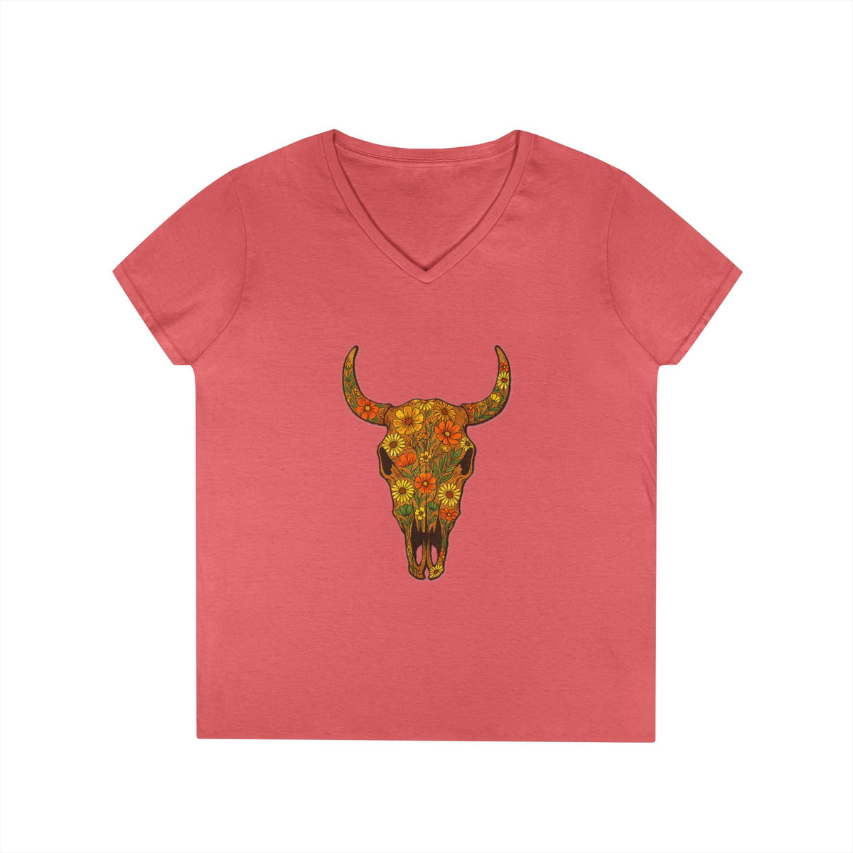 Floral Autumn Colors Bull Skull V-Neck Tee
