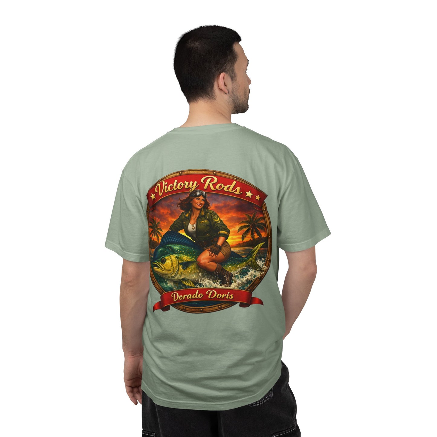 Victory Rods "Dorado Doris" Fishing T-Shirt — Retro Pinup Angler Tee