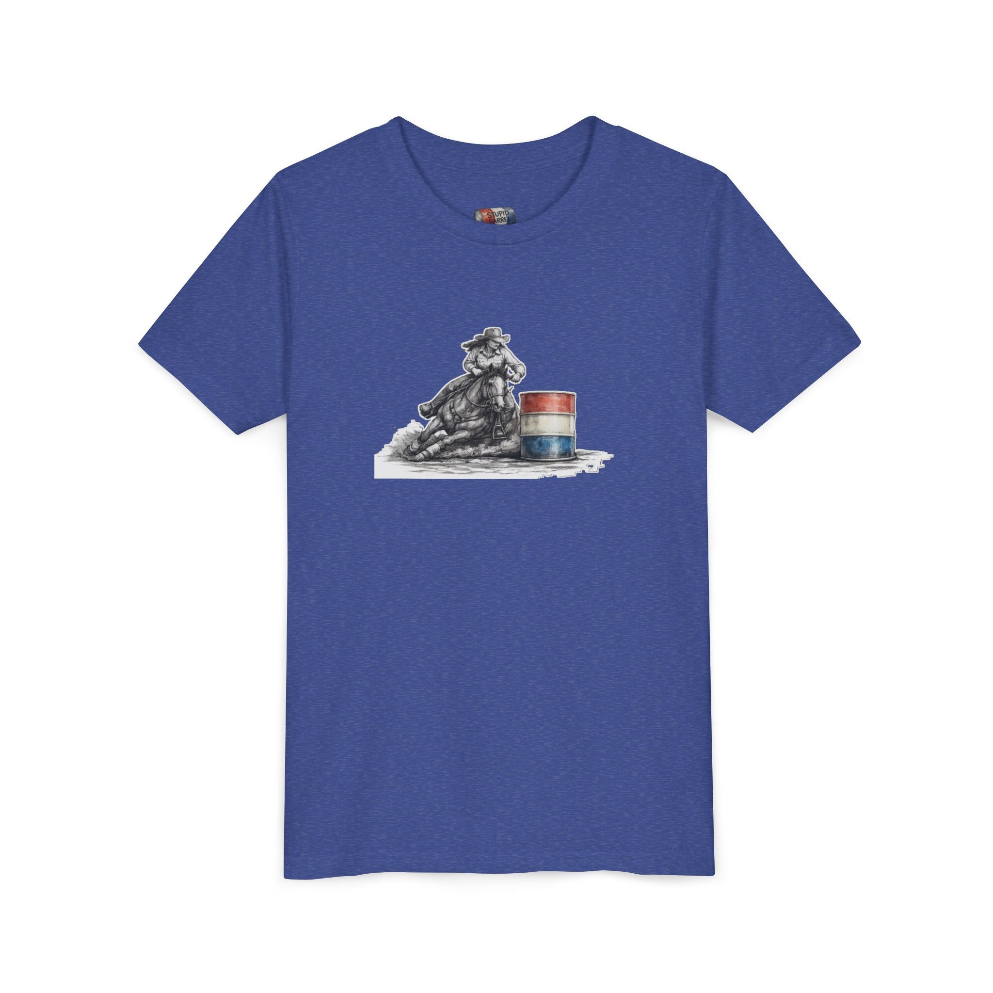 Youth Tee — Rodeo Cowgirl with Patriotic Barrel Graphic