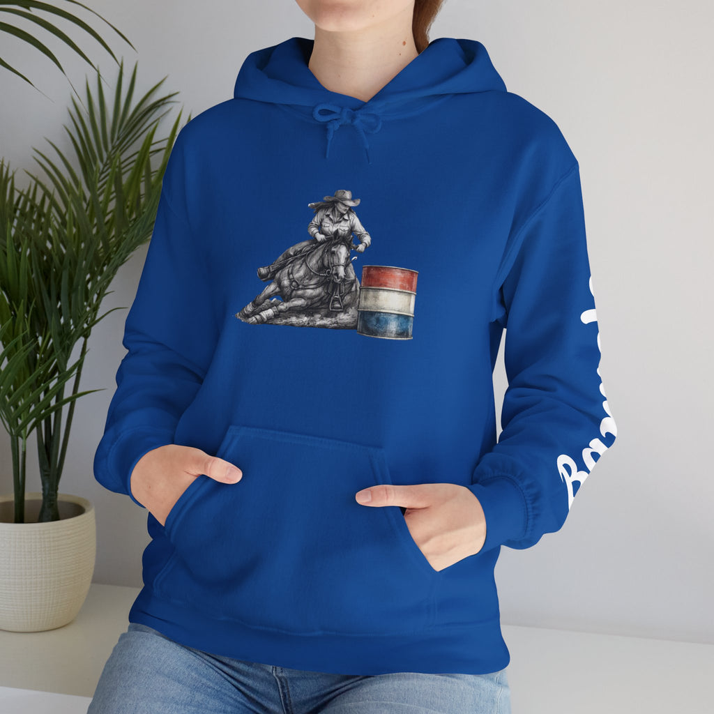 Cowgirl Barrel Racing Hoodie — Western Rodeo Pullover with 'barrels' Sleeve Text