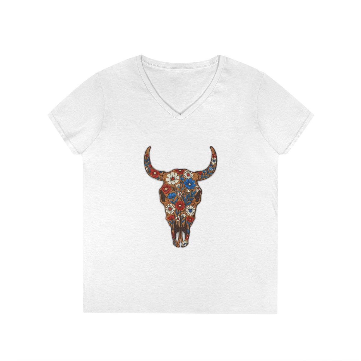 Floral Bull Skull V-Neck Tee