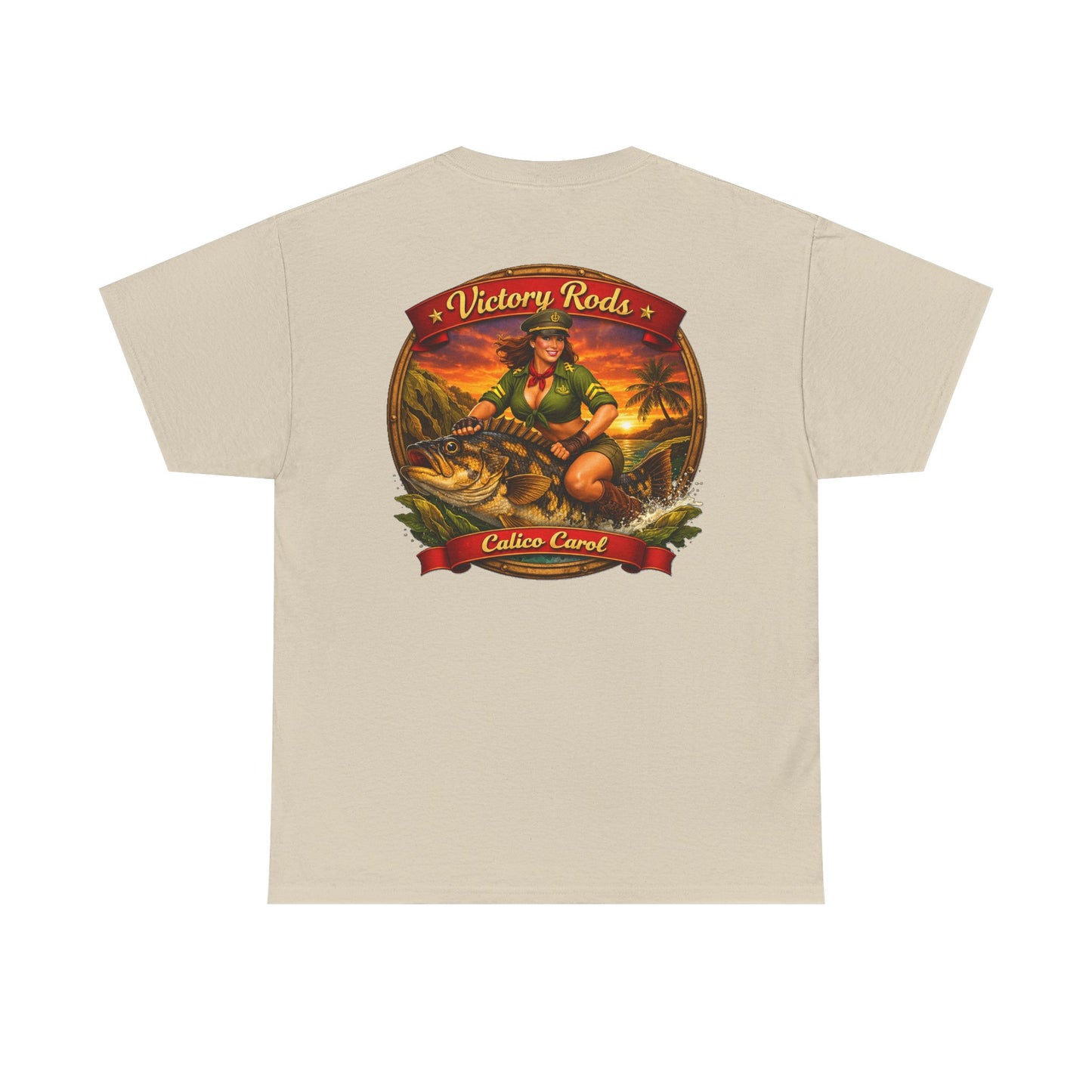 Vintage Pinup Fishing T-Shirt — “Victory Rods” Calico Carol Graphic Tee