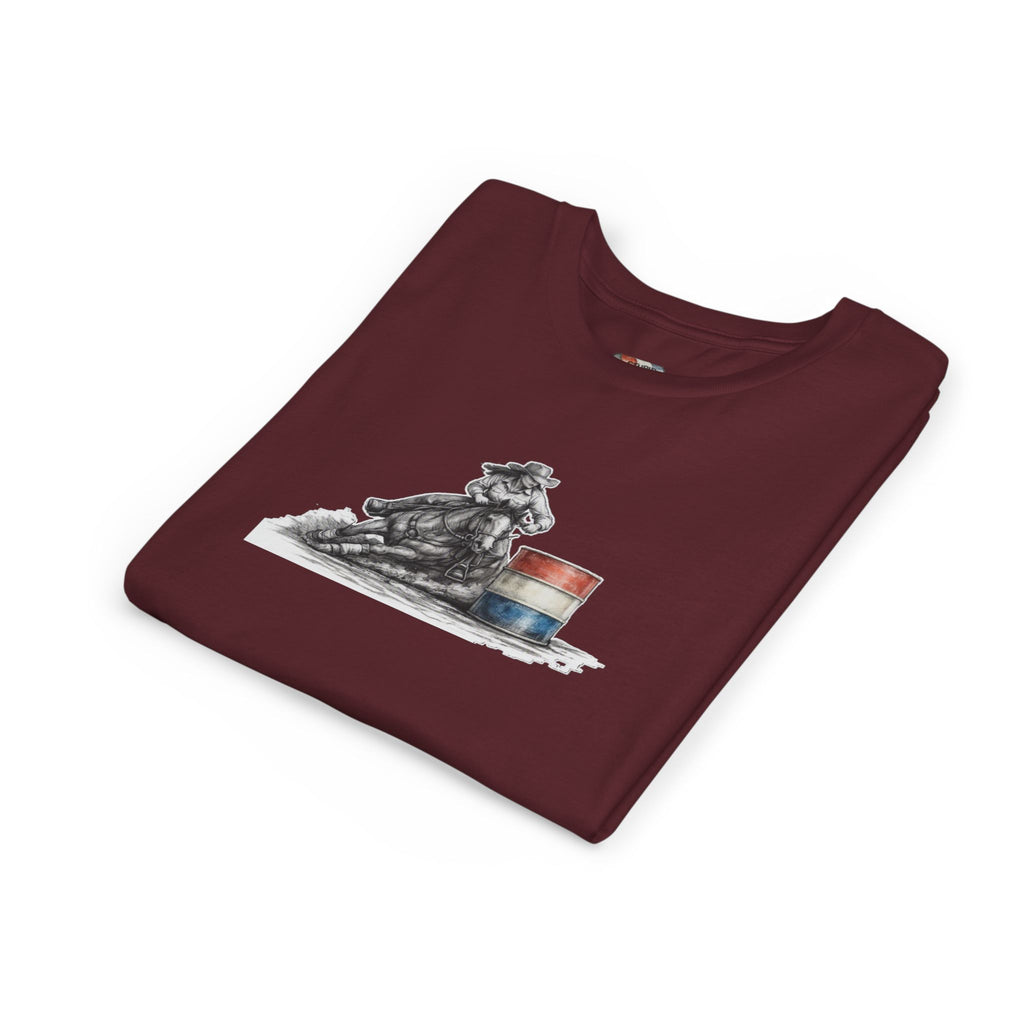 Youth Tee — Rodeo Cowgirl with Patriotic Barrel Graphic