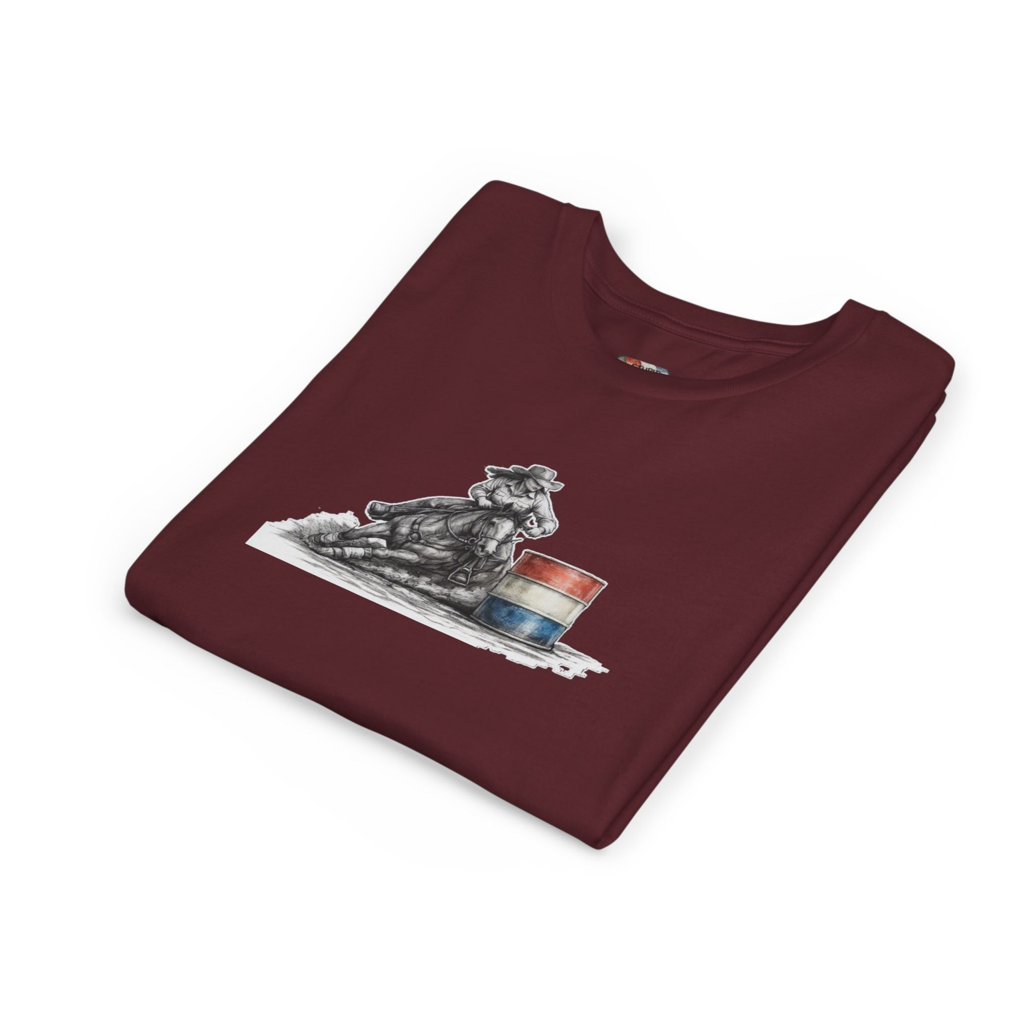 Youth Tee — Rodeo Cowgirl with Patriotic Barrel Graphic