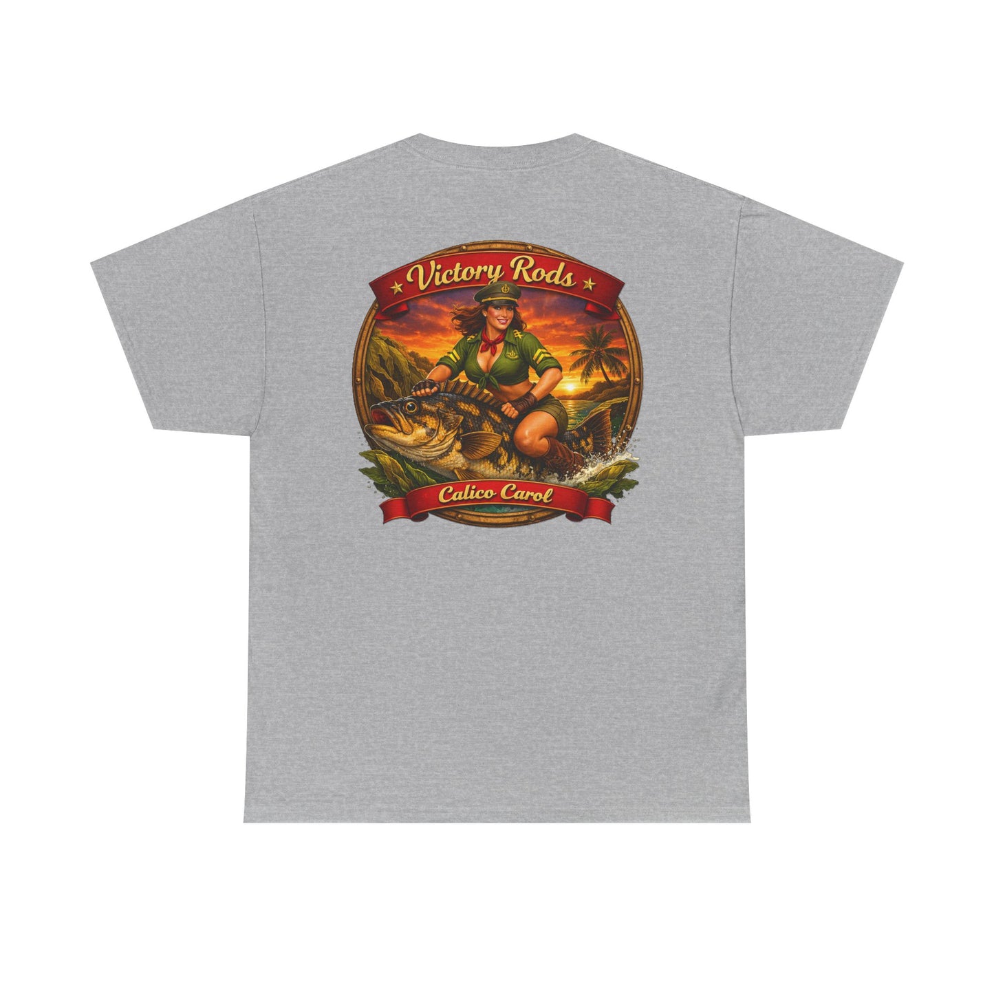 Vintage Pinup Fishing T-Shirt — “Victory Rods” Calico Carol Graphic Tee