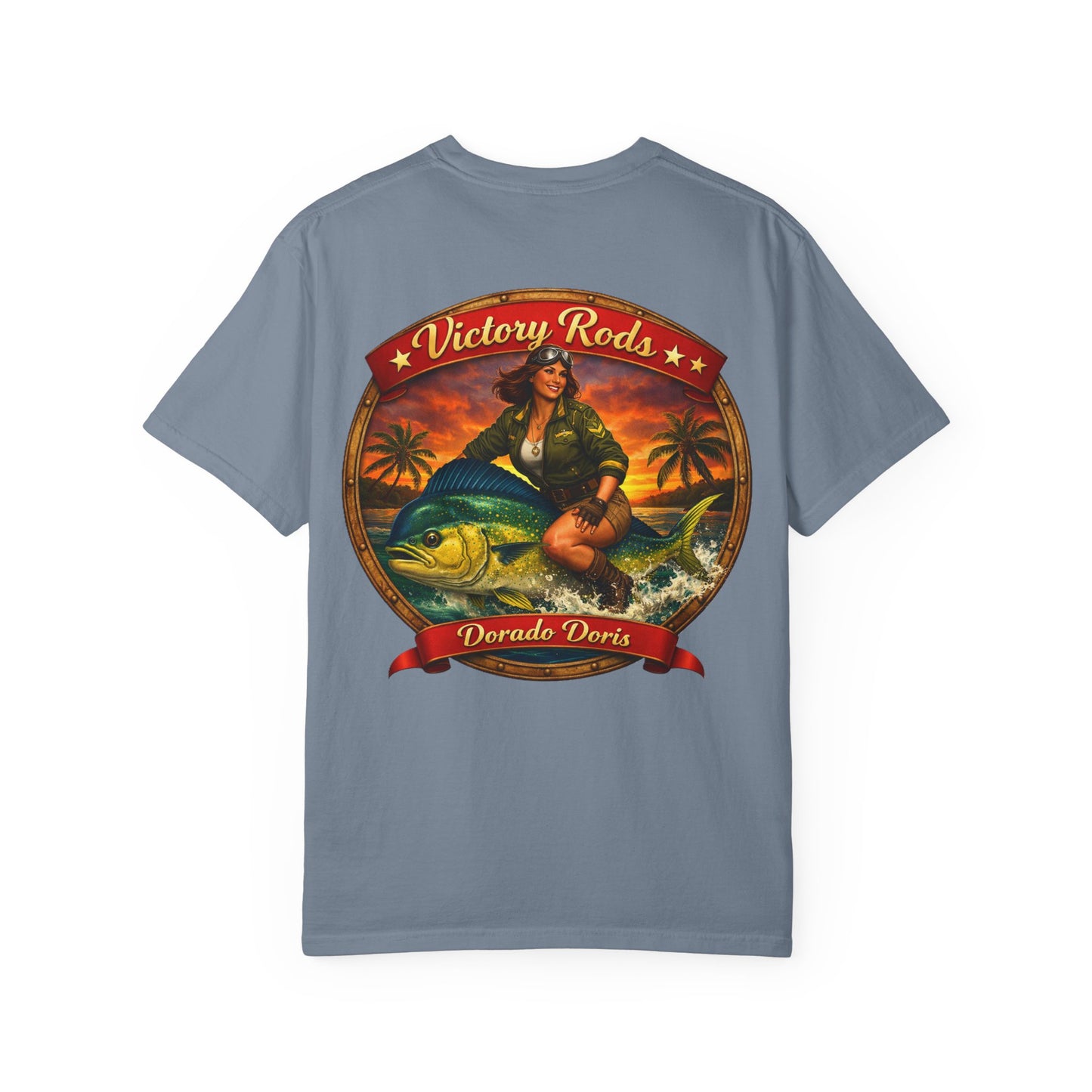 Victory Rods "Dorado Doris" Fishing T-Shirt — Retro Pinup Angler Tee