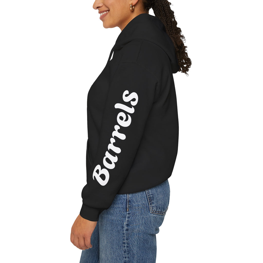Cowgirl Barrel Racing Hoodie — Western Rodeo Pullover with 'barrels' Sleeve Text