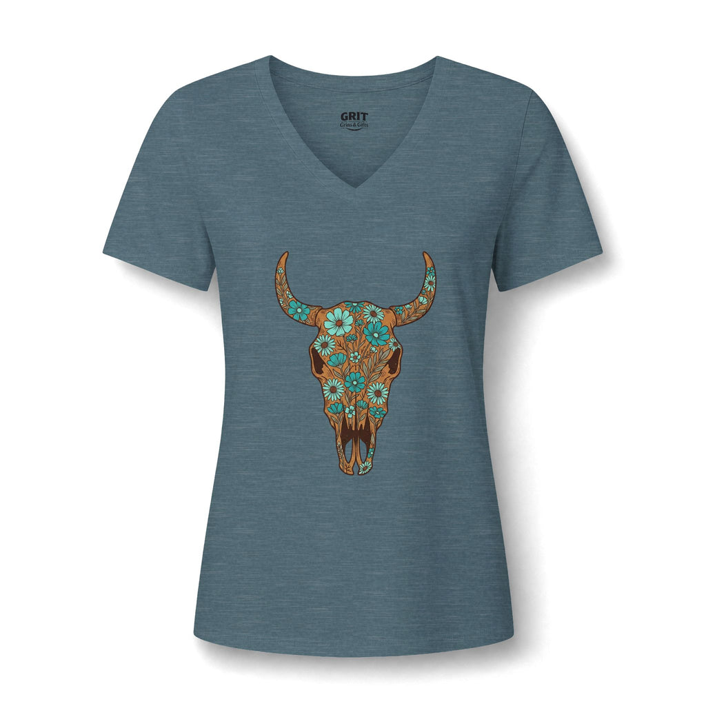 Women's V-Neck Tee — Floral Turquoise Bull Skull Graphic