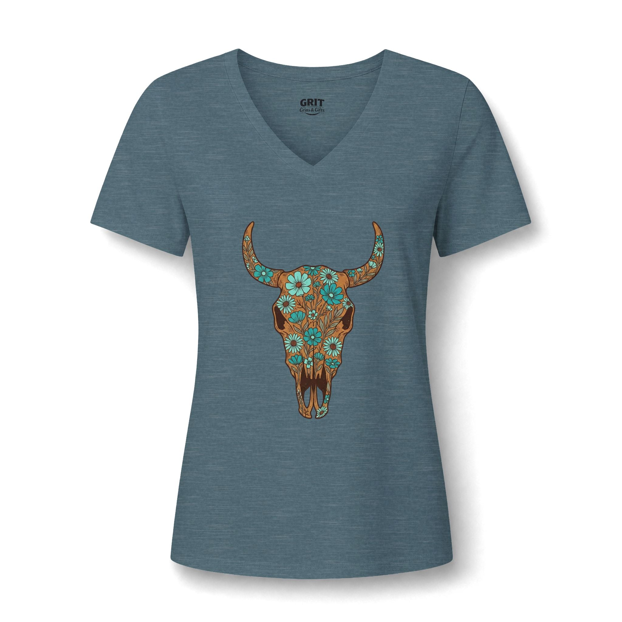 Women's V-Neck Tee — Floral Turquoise Bull Skull Graphic