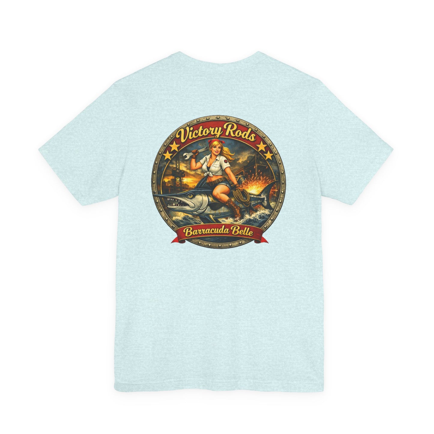 Barracuda Belle Vintage Pinup Tee — Victory Rods Motorcycle T‑Shirt