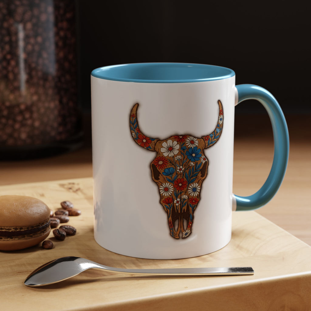 Red, White and Blue Floral Bull Skull Coffee Mug — Southwestern Accent 11/15oz