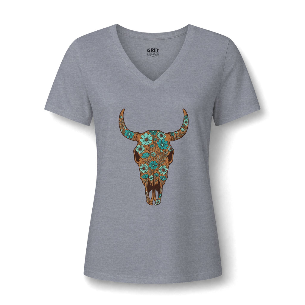 Women's V-Neck Tee — Floral Turquoise Bull Skull Graphic