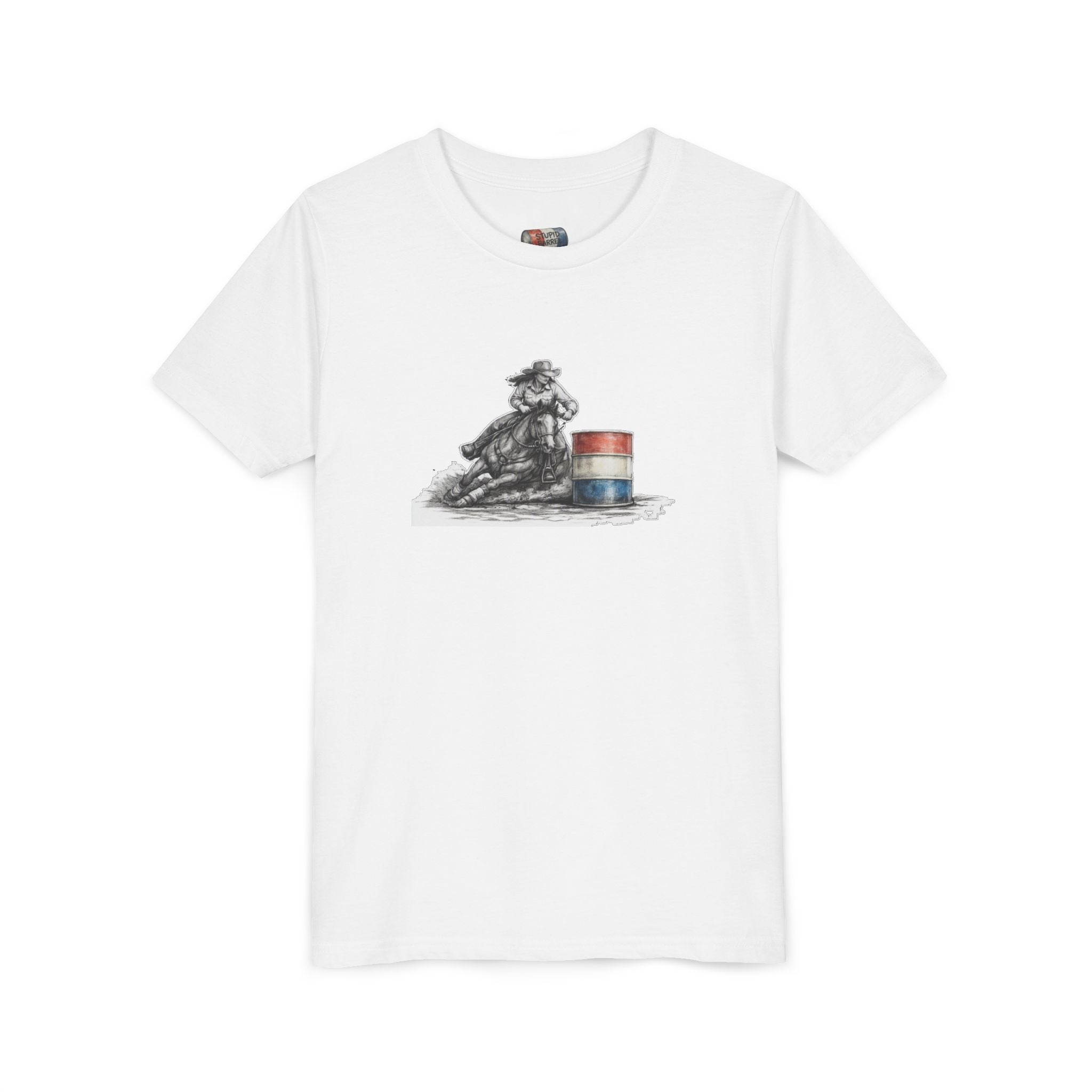 Youth Tee — Rodeo Cowgirl with Patriotic Barrel Graphic