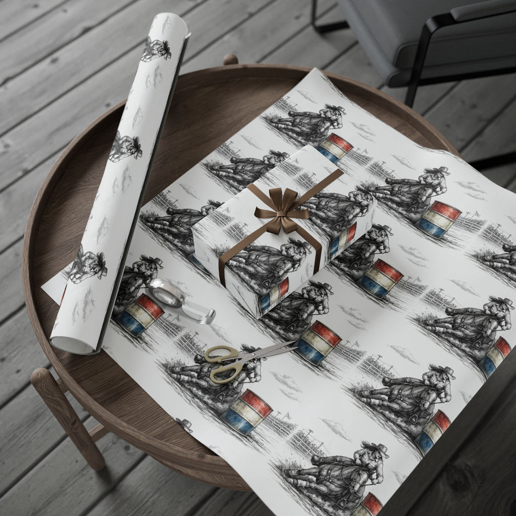 Barrel Racing Wrapping Paper Roll — Black Sketch Rodeo Gift Wrap