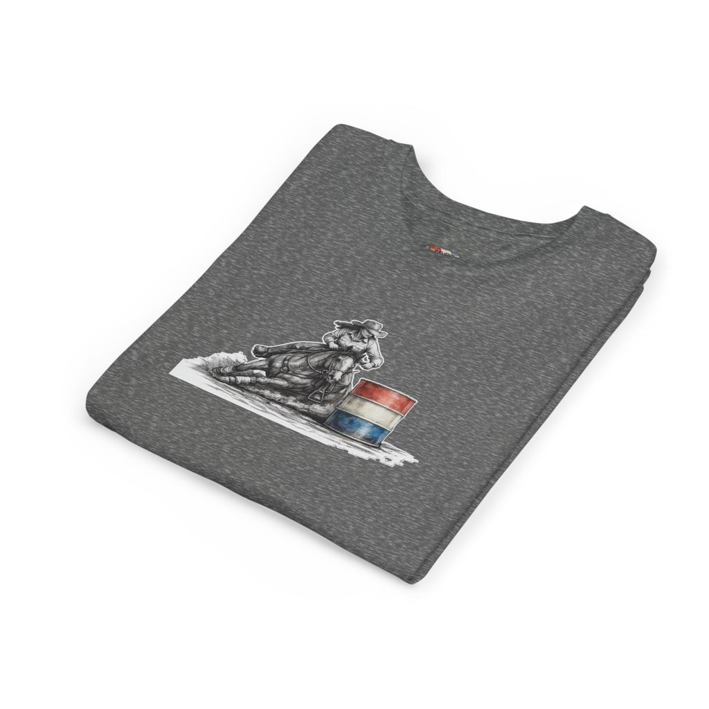 Youth Tee — Rodeo Cowgirl with Patriotic Barrel Graphic