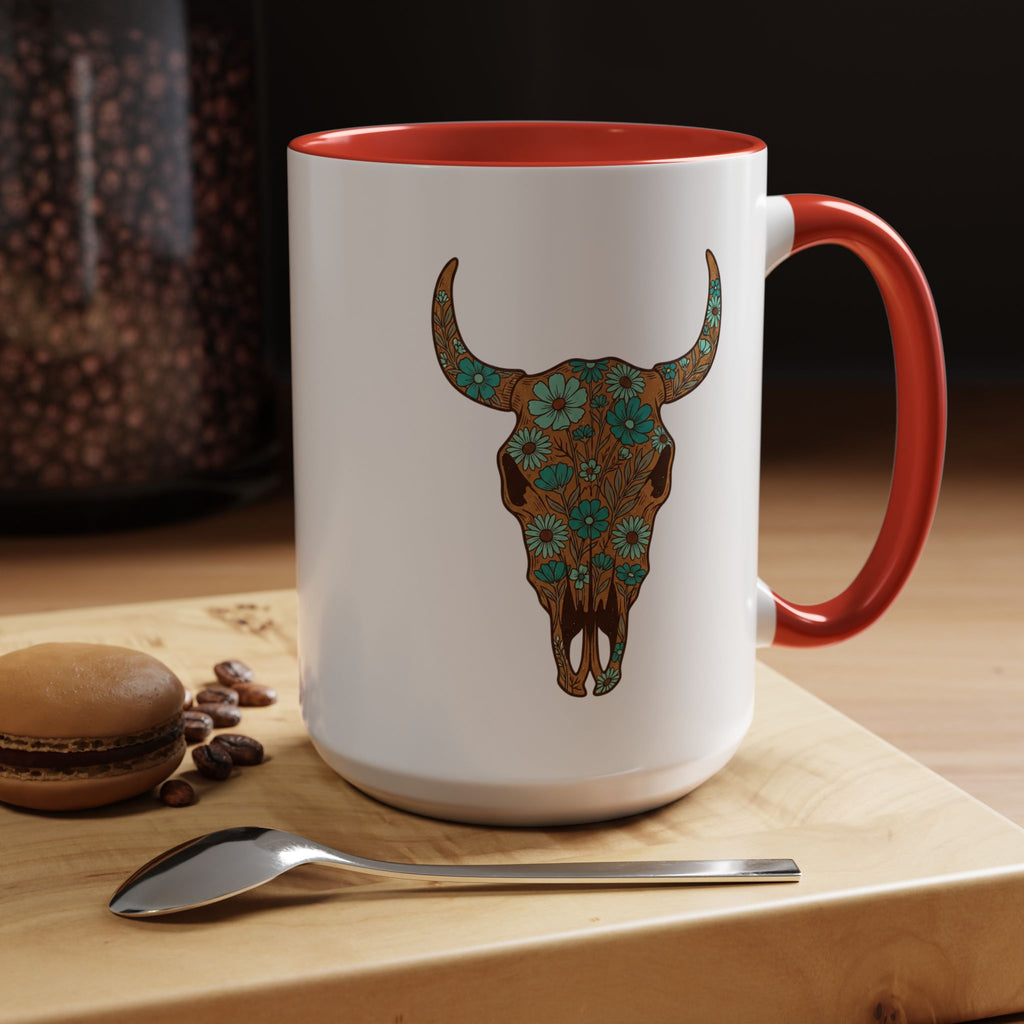 Red, White and Blue Floral Bull Skull Coffee Mug — Southwestern Accent 11/15oz