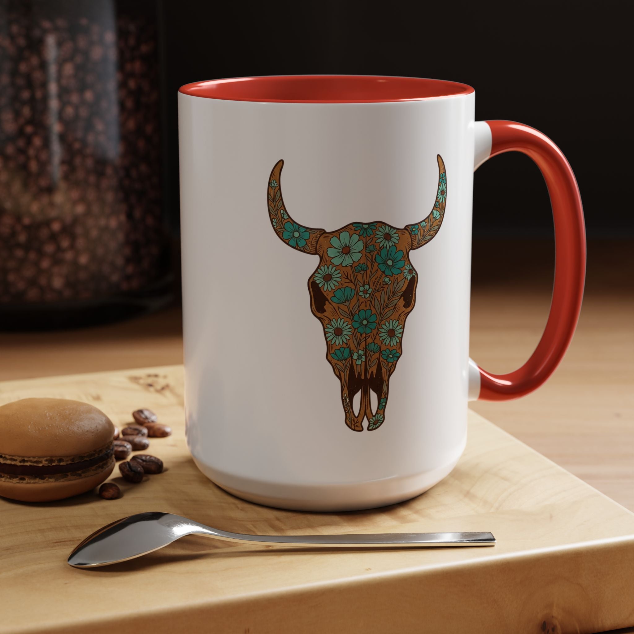 Red, White and Blue Floral Bull Skull Coffee Mug — Southwestern Accent 11/15oz