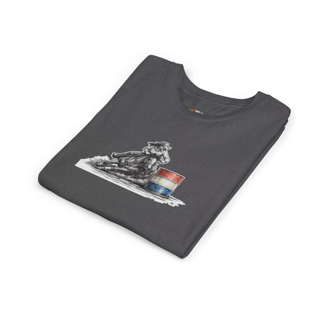 Youth Tee — Rodeo Cowgirl with Patriotic Barrel Graphic