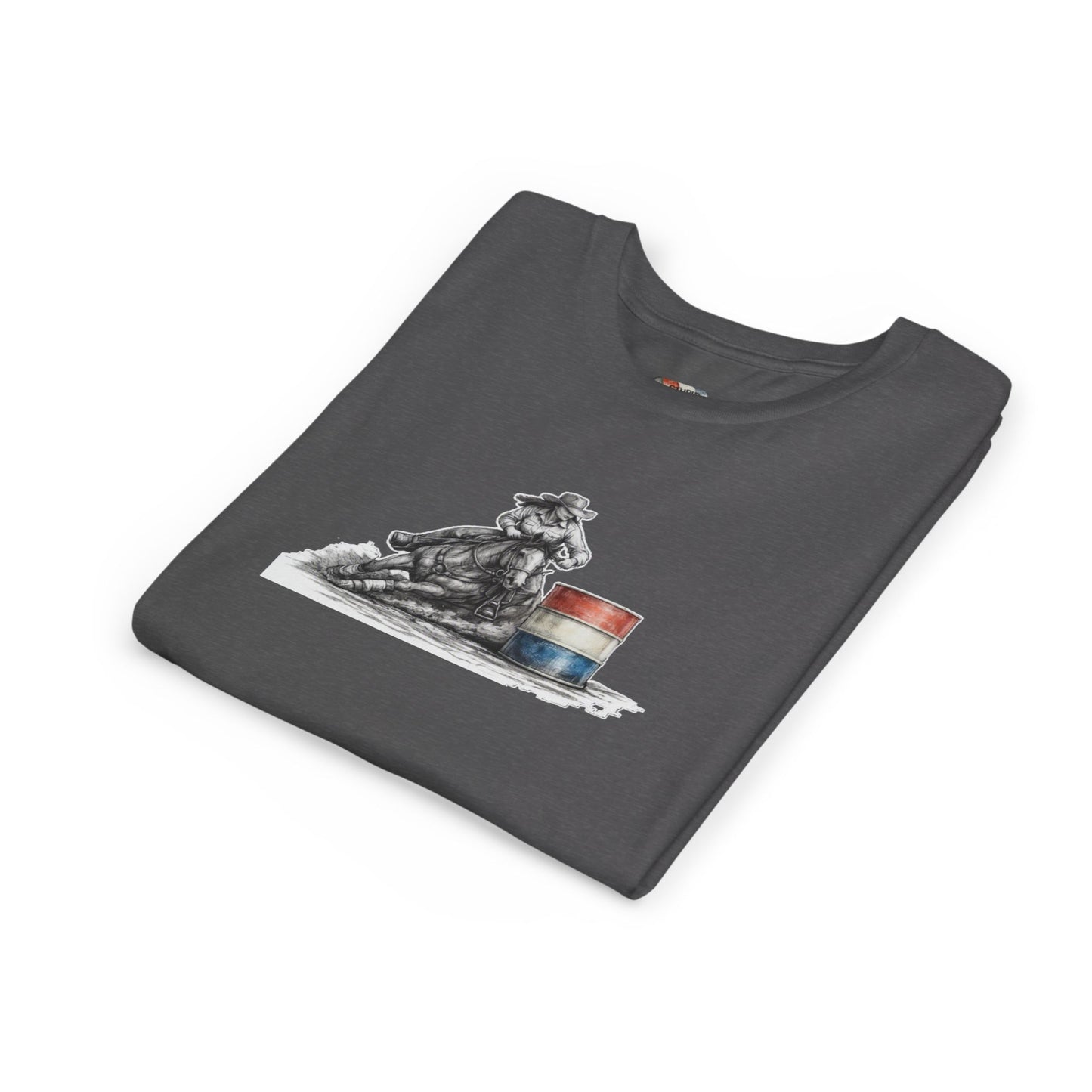 Youth Tee — Rodeo Cowgirl with Patriotic Barrel Graphic