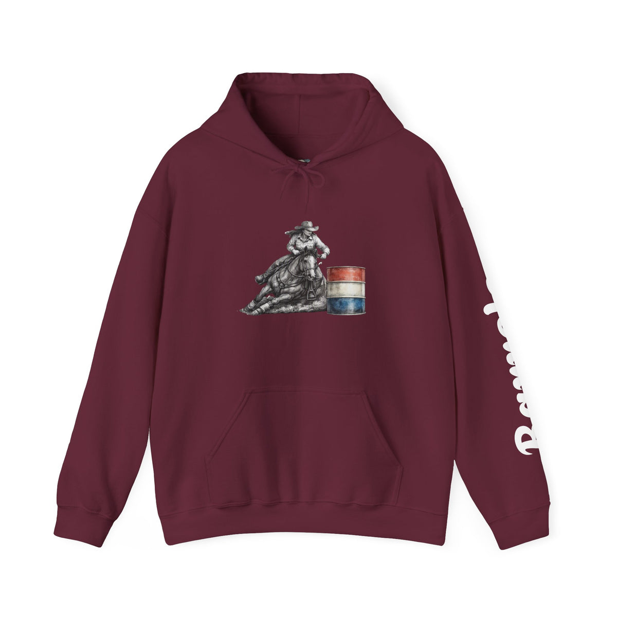 Cowgirl Barrel Racing Hoodie — Western Rodeo Pullover with 'barrels' Sleeve Text