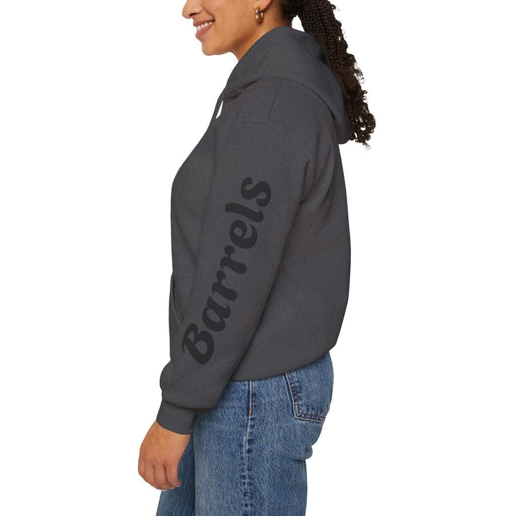 Cowgirl Barrel Racing Hoodie — Western Rodeo Pullover with 'barrels' Sleeve Text