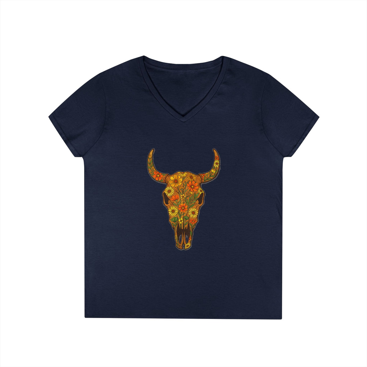 Floral Autumn Colors Bull Skull V-Neck Tee