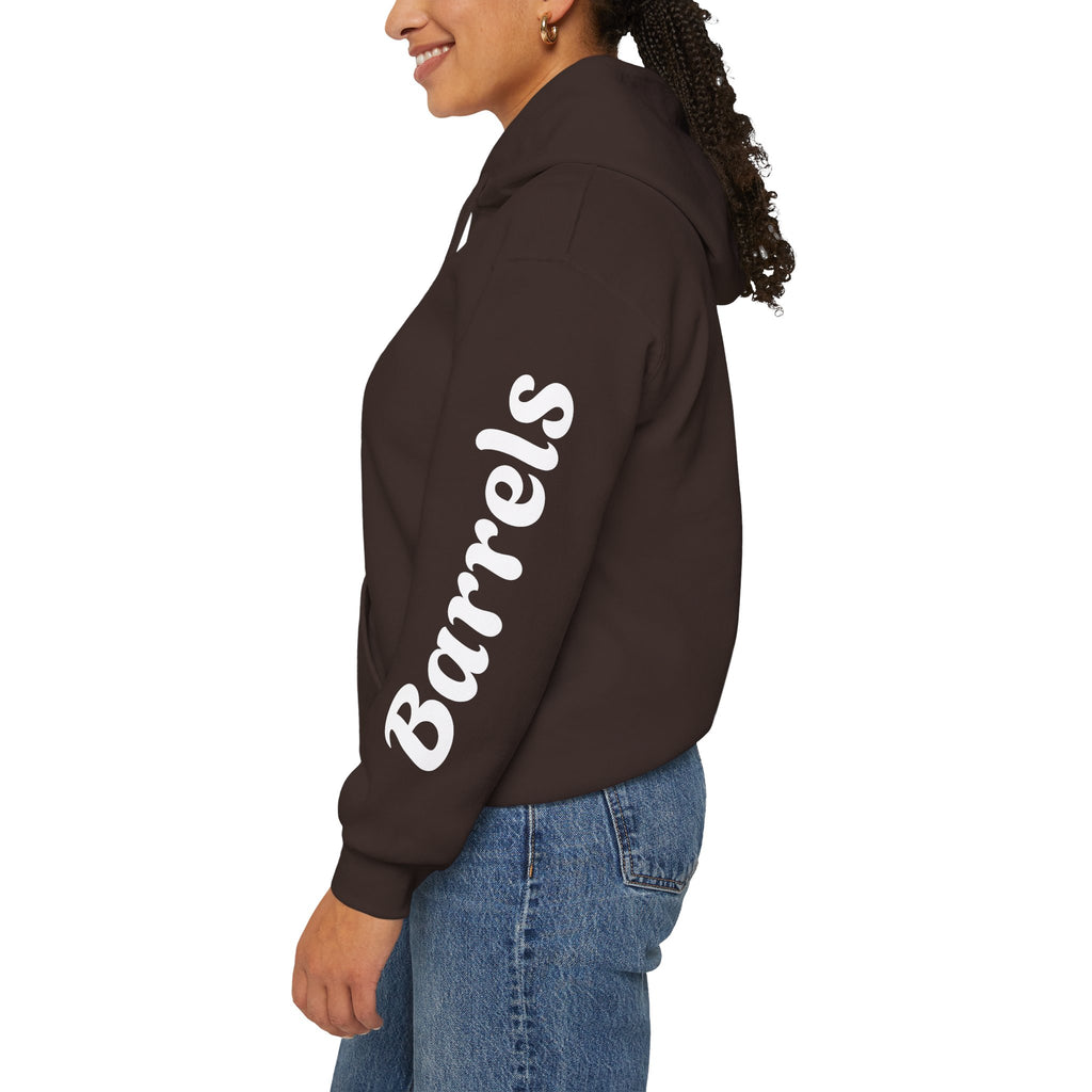 Cowgirl Barrel Racing Hoodie — Western Rodeo Pullover with 'barrels' Sleeve Text