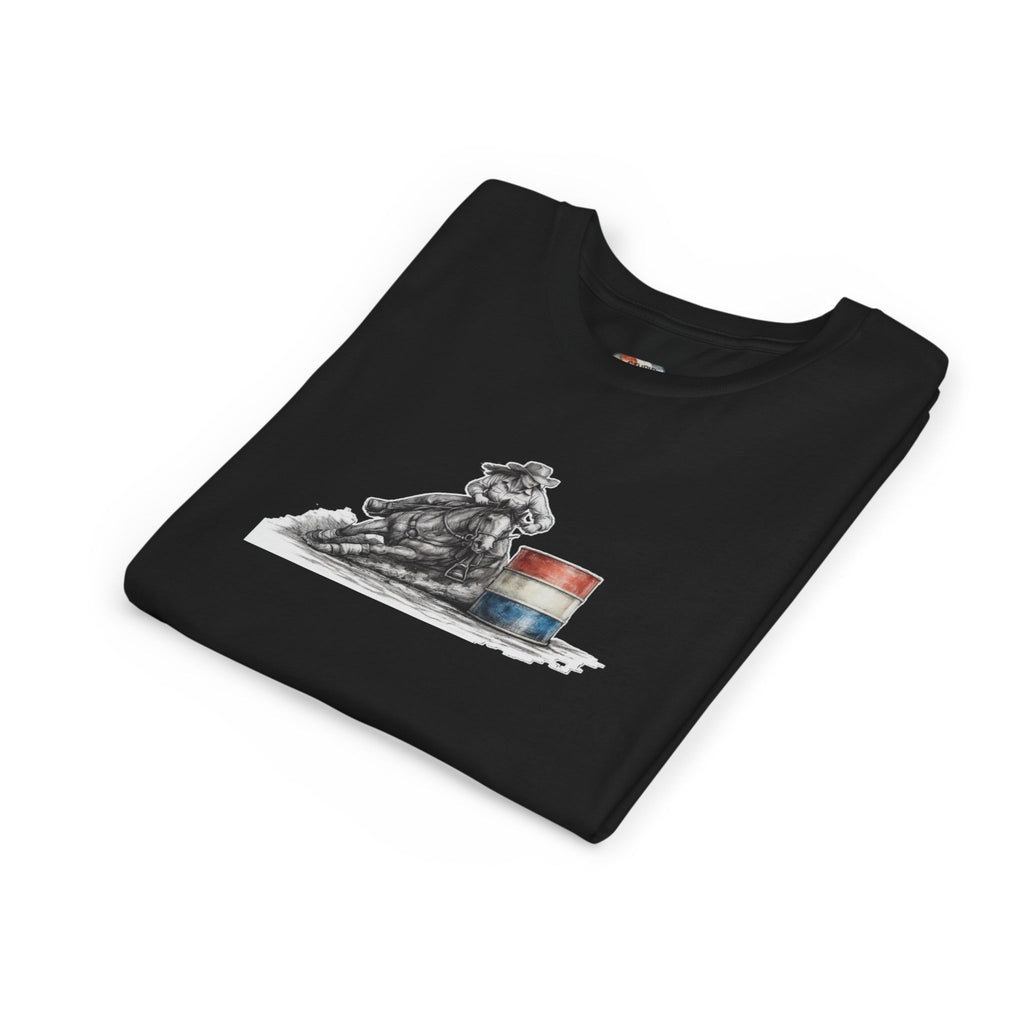 Youth Tee — Rodeo Cowgirl with Patriotic Barrel Graphic