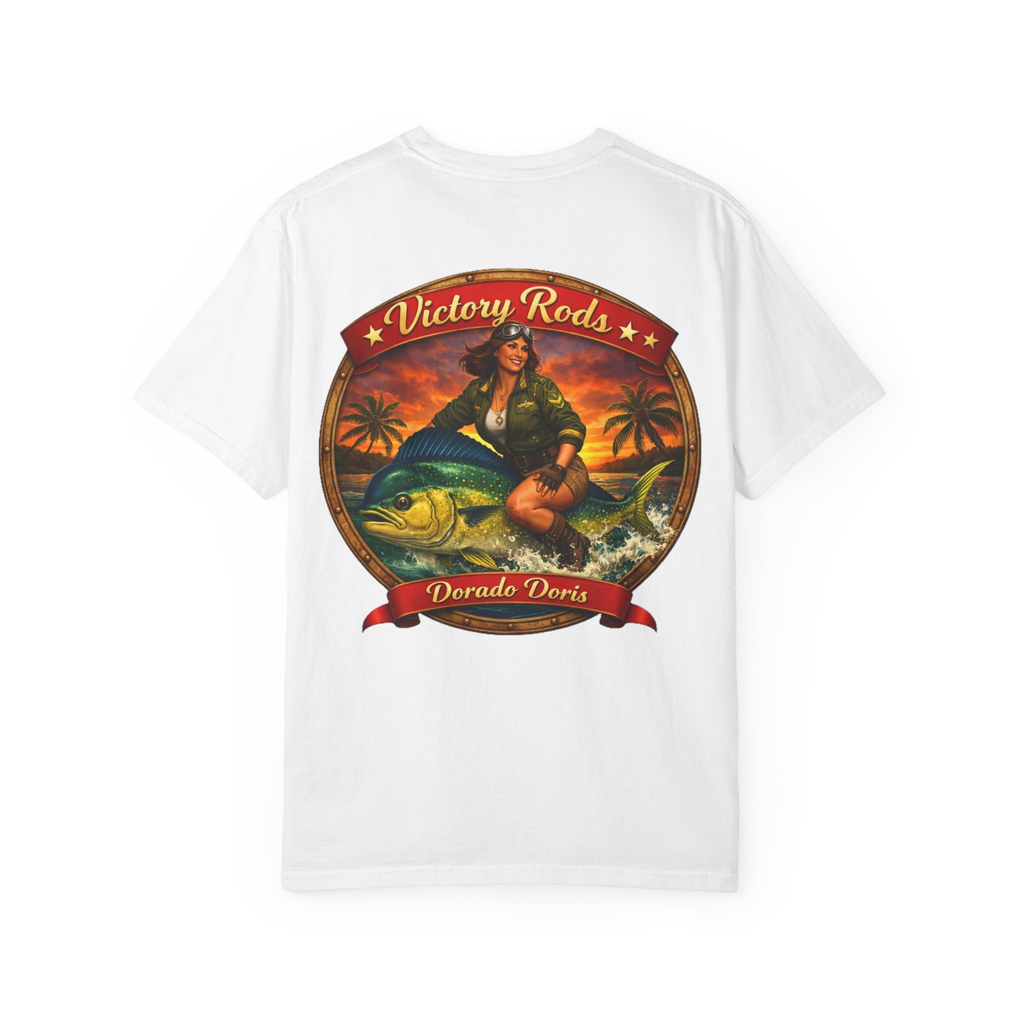 Victory Rods "Dorado Doris" Fishing T-Shirt — Retro Pinup Angler Tee