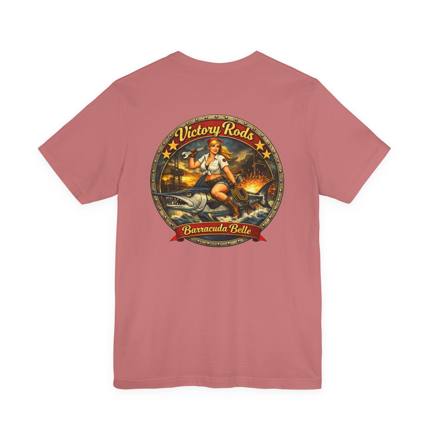 Barracuda Belle Vintage Pinup Tee — Victory Rods Motorcycle T‑Shirt