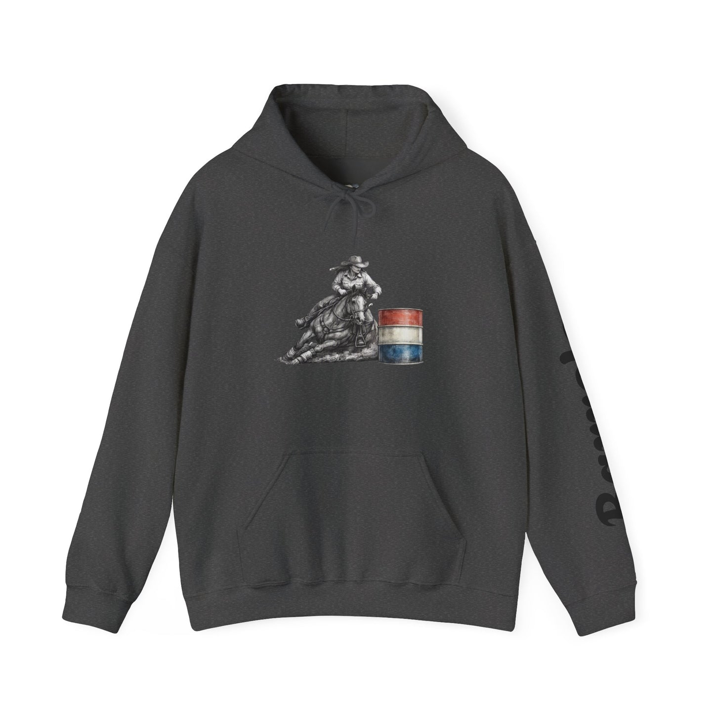 Cowboy Barrel Racing Hoodie — Western Rodeo Pullover with 'barrels' Sleeve Text