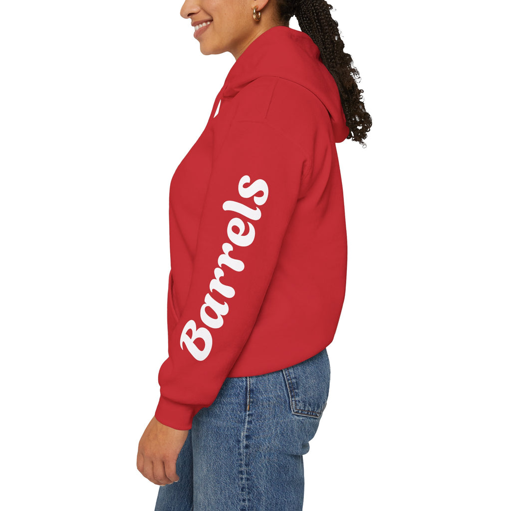 Cowgirl Barrel Racing Hoodie — Western Rodeo Pullover with 'barrels' Sleeve Text