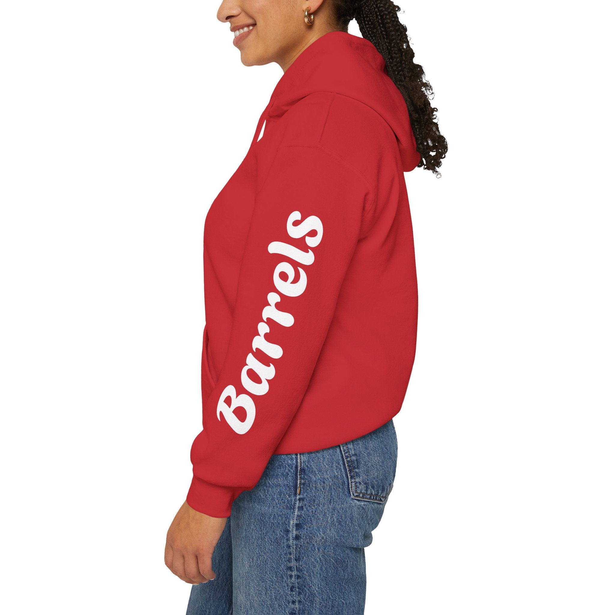 Cowgirl Barrel Racing Hoodie — Western Rodeo Pullover with 'barrels' Sleeve Text